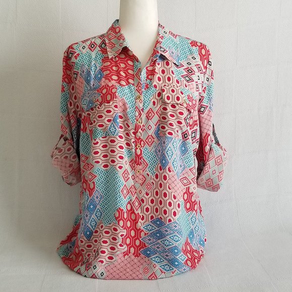Talbots Tops - Talbots Multi-Color Roll-Tab Sleeve Blouse Size L